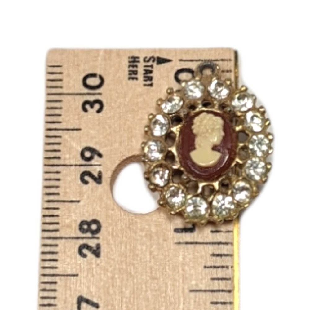 Vintage Oval Cameo Mini Ornate Pendant Gold Tone Clear Rhinestones - Picture 2 of 4